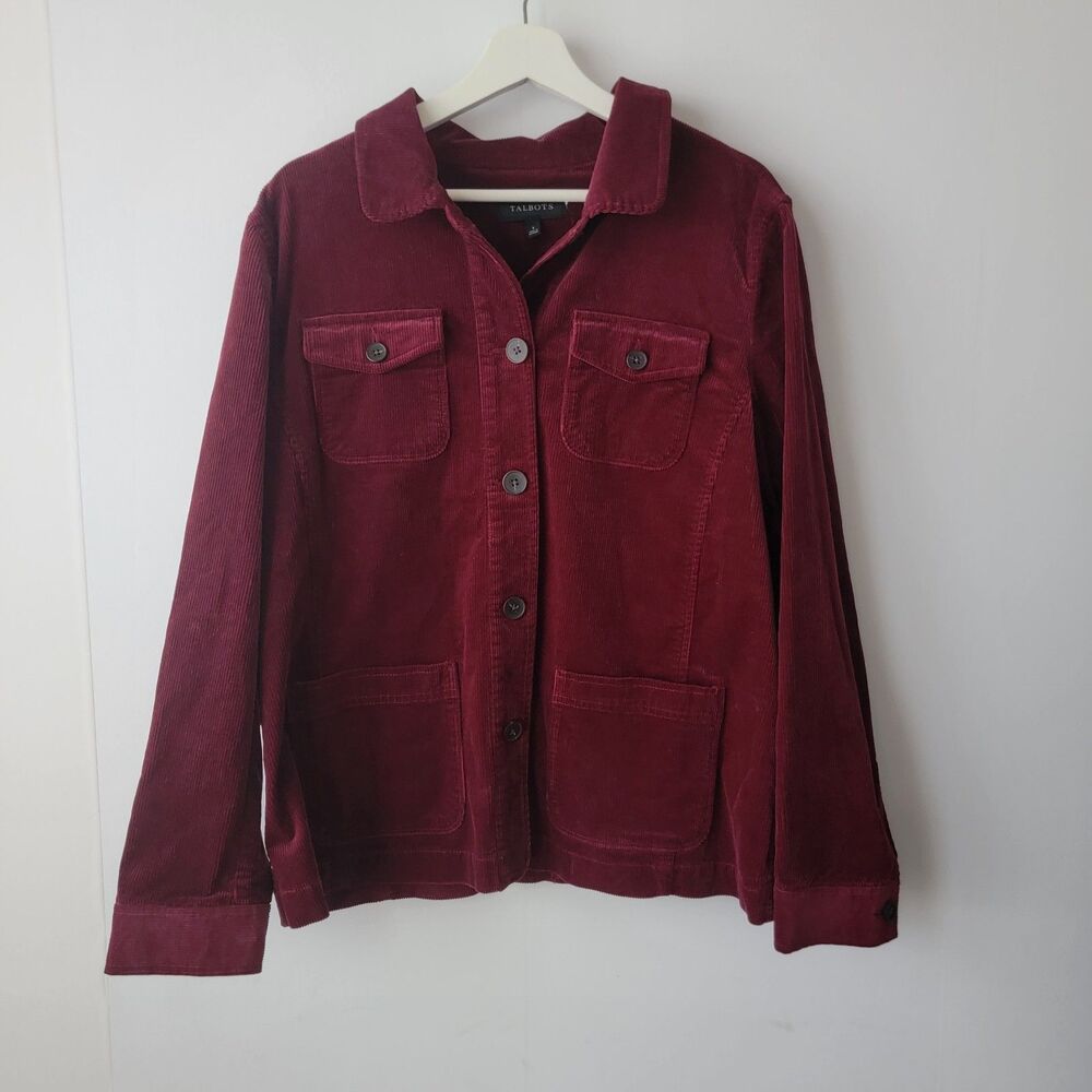 Talbots Womens Jacket size L Maroon Corduroy Button front  Pockets‎ long sleeve